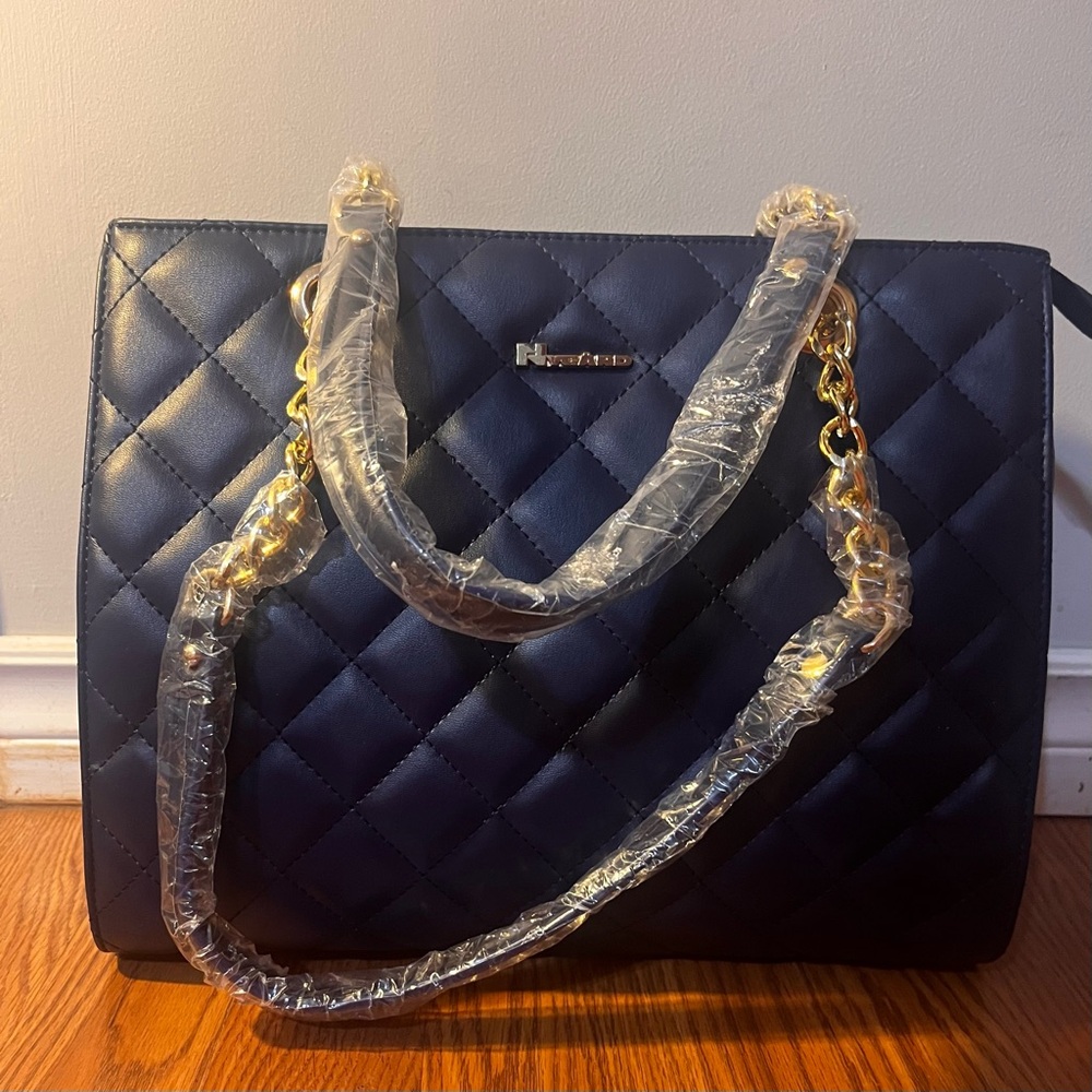 Nygard Navy Blue Leather Quilted Purse w/ Part Chain/Part Learher Shoulder Strap